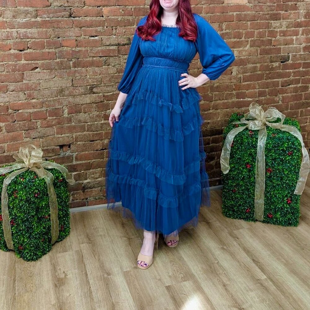 Women's Navy Blue Tulle Maxi Dress Polagram Size Medium NWT